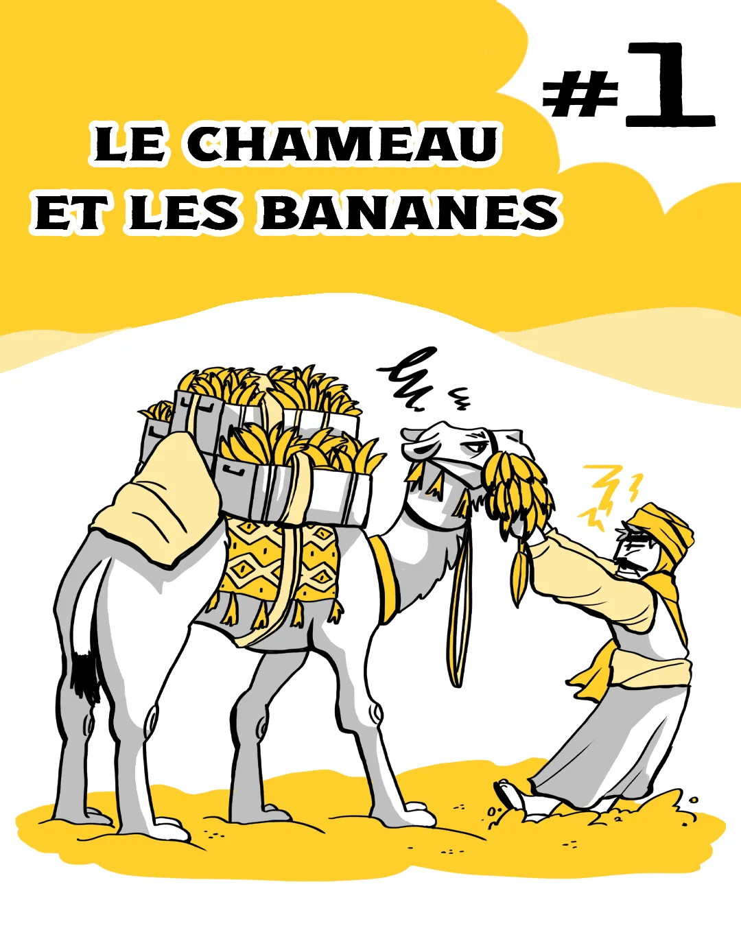 Illustration de l’énigme n° 1, « Le chameau et les bananes », dessinée par Ines : Scène de désert avec un chameau, des tas de bananes et des bornes kilométriques